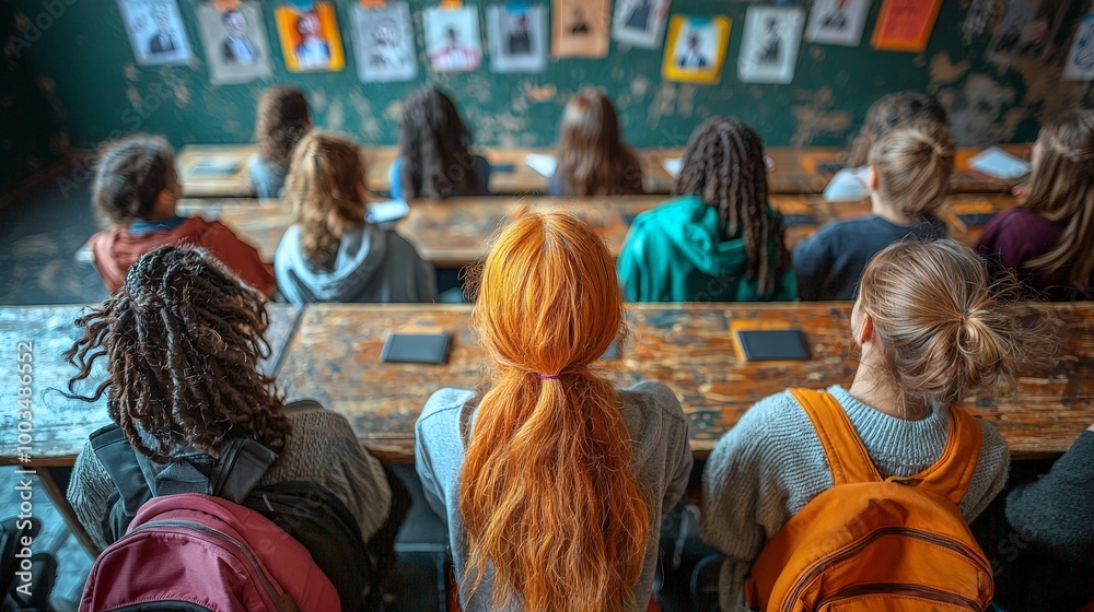 A group of students with backpacks in a classroom, focusing on artwork displayed on the wall. A group of students with backpacks in a classroom, focusing on artwork displayed on the wall.