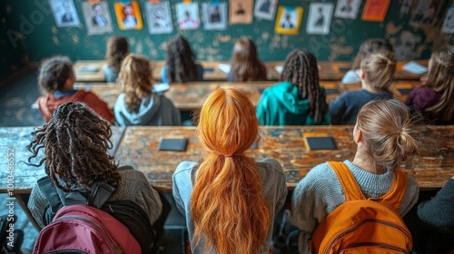 A group of students with backpacks in a classroom, focusing on artwork displayed on the wall.