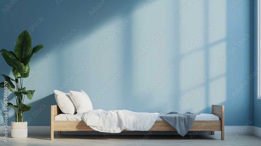 Fototapeta premium Mock up frame in a spacious empty room with soft pastel blue walls and a cozy wooden children's bed