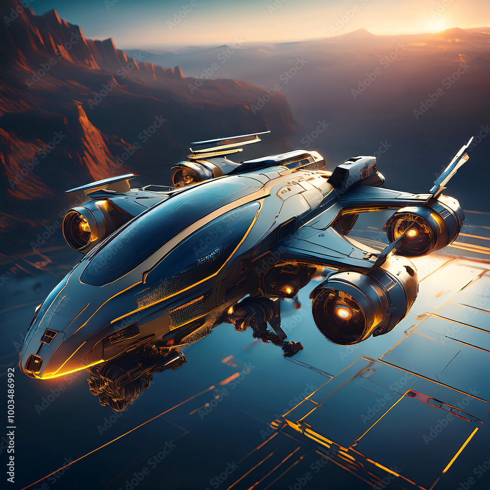 Futuristic Spacecraft Soaring Over Alien Landscape at Sunset Futuristic Spacecraft Soaring Over Alien Landscape at Sunset