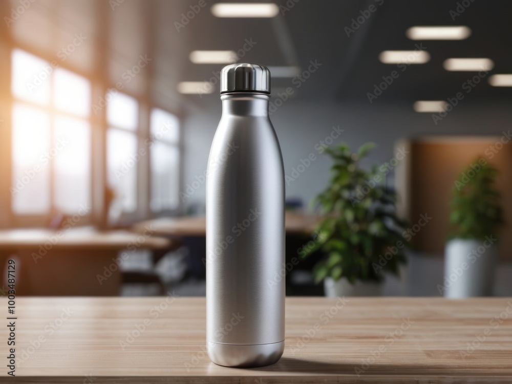 Blank silver thermos bottle on wooden table with blurred office background. Tumblr bottle mockup