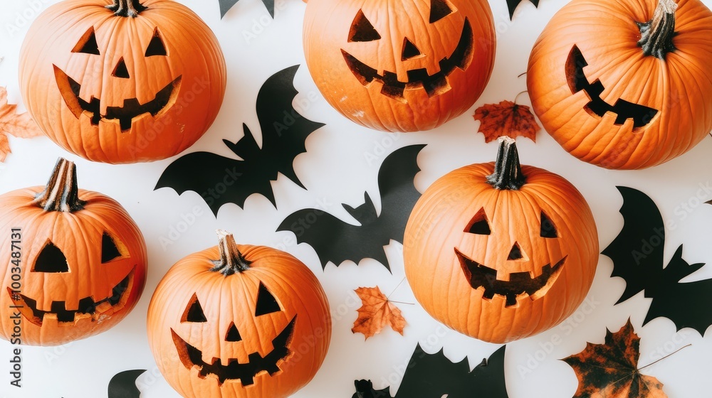 Creative flat lay of pumpkins and bat shapes on a white background, perfect for Halloween with room for copy space. No people, no logo. Creative flat lay of pumpkins and bat shapes on a white background, perfect for Halloween with room for copy space. No people, no logo.