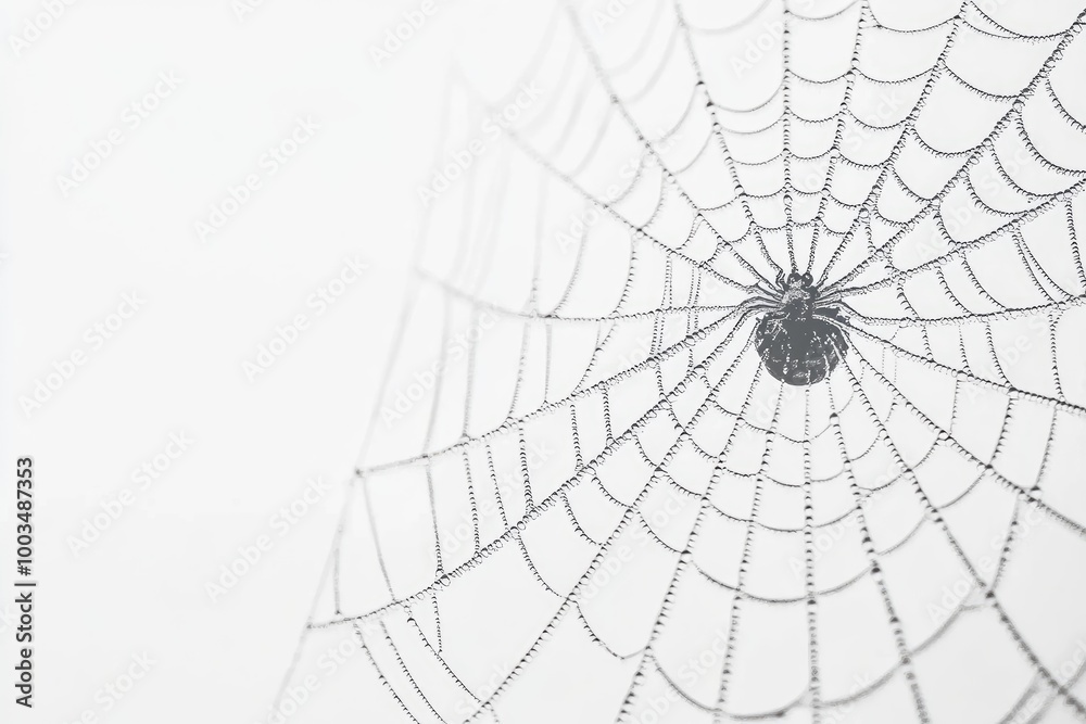 Obraz premium A delicate spider web gracefully stretches across a plain white wall, capturing the essence of minimalism and the artistry of nature in a tranquil setting. Halloween background, copy space.