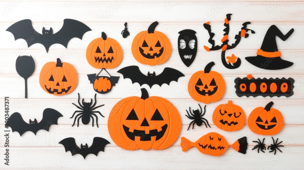 Flat lay of Halloween elements: pumpkins, bats, and spiders, isolated on a white background with copy space for text. No people, no logo. Flat lay of Halloween elements: pumpkins, bats, and spiders, isolated on a white background with copy space for text. No people, no logo.