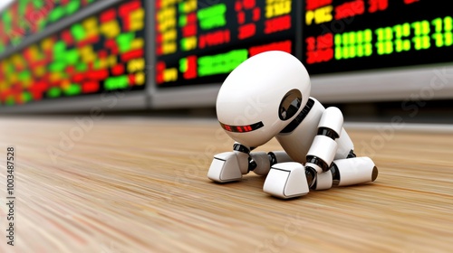 Robot Analyzing Stock Market Data on Digital Screen