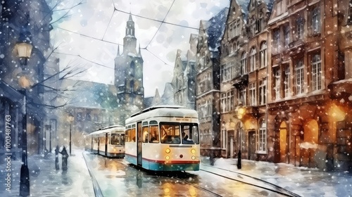 Festive Christmas card. Landscape, old tram in the street. Old city, A snow-covered city, watercolor in retro style, a festive atmosphere of winter holidays.