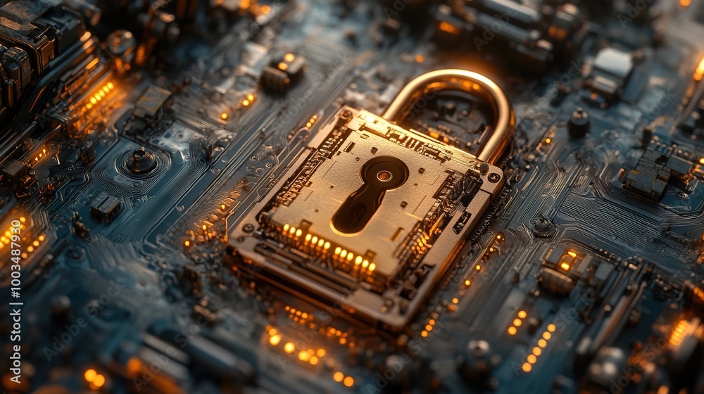Golden padlock with integrated electronic circuits Golden padlock with integrated electronic circuits