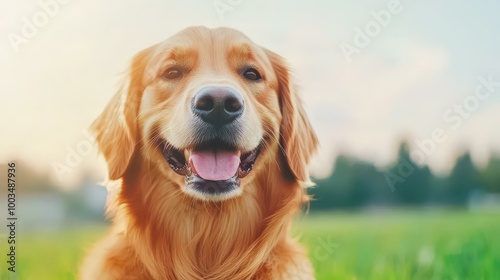 A happy Golden Retriever enjoys a sunny day, smiling amid lush green grass, the perfect moment for pet lovers.