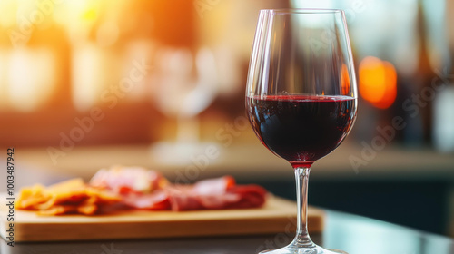 A detailed view of red wine in a glass, set against a blurred crowd and a charcuterie board at an intimate tasting event.