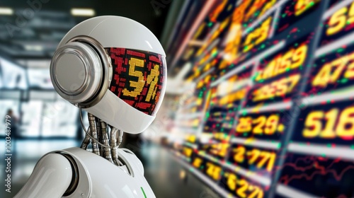 Futuristic Robot with Stock Market Display Background