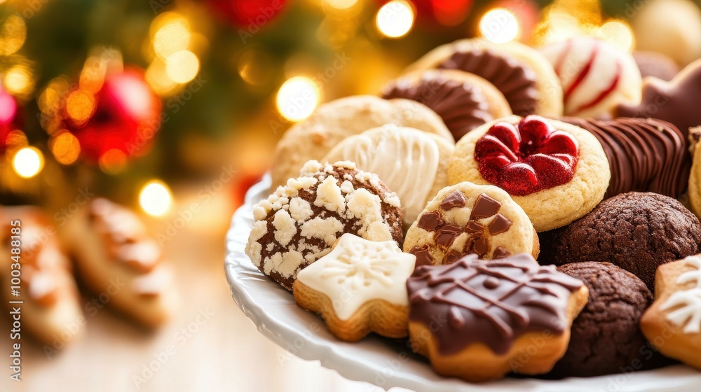 Delight in a platter of assorted Christmas cookies, each bite a festive taste of joy amidst a hazy, cheerful backdrop. Delight in a platter of assorted Christmas cookies, each bite a festive taste of joy amidst a hazy, cheerful backdrop.