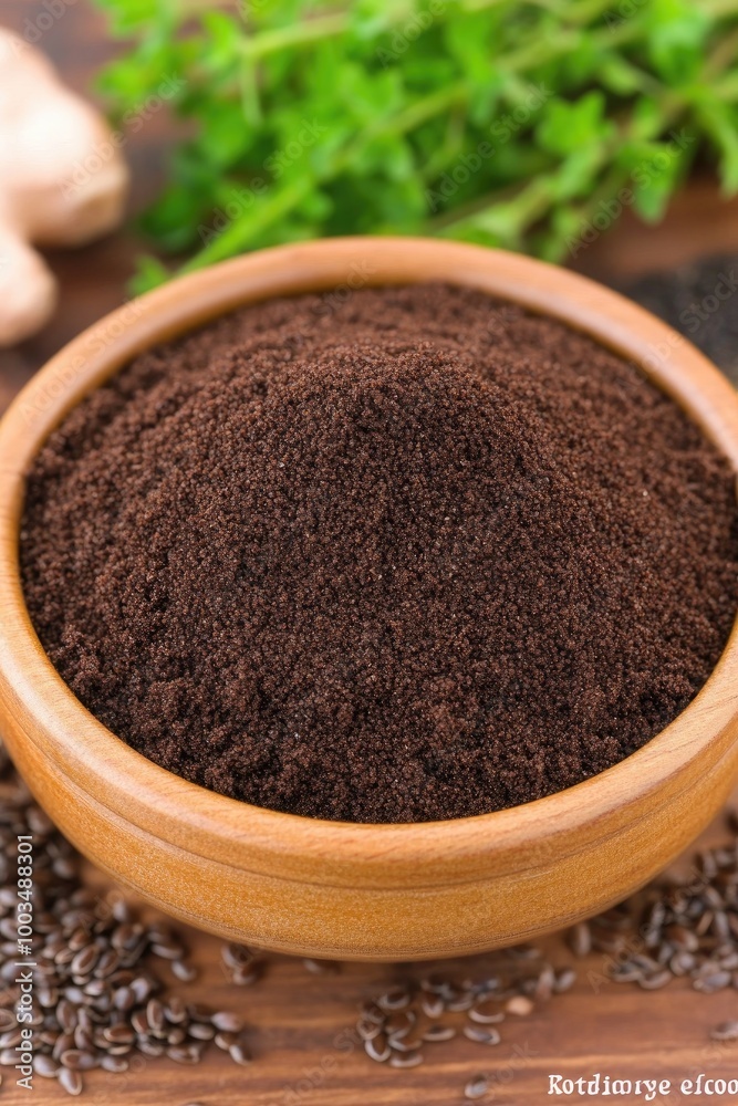 Ground spices in wooden bowl with fresh herbs Ground spices in wooden bowl with fresh herbs