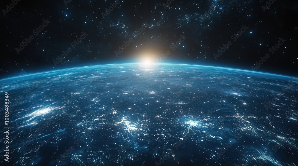 Global network View From Space with glowing dot and particle