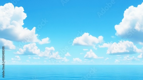 A serene blue ocean stretches beneath a sky dotted with soft, fluffy clouds, creating a tranquil atmosphere.