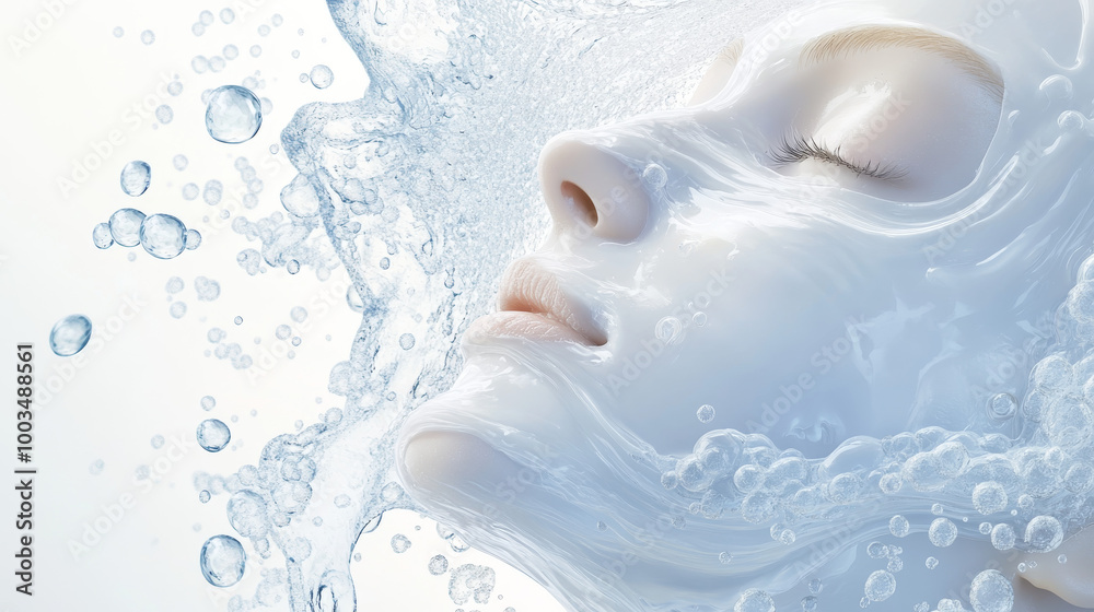 Fototapeta premium A clear illustration showing hyaluronic acid for hair and skin. It features a white collagen serum being absorbed into skin cells, with a cosmetic advertising background.