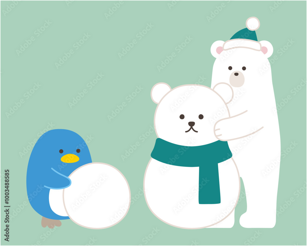Naklejka premium 雪だるまを作る白熊とペンギンのベクターイラスト。冬、帽子、シロクマ、ホッキョクグマ