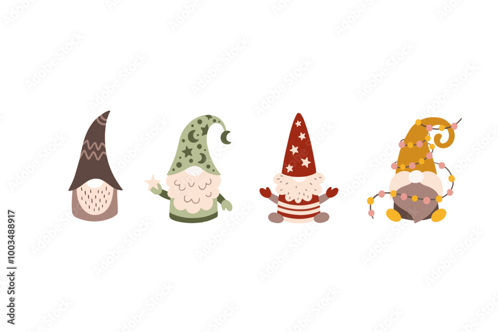 Vector illustration of funny Christmas gnomes, trees, gifts, candles. Set, set of Christmas elements Vector illustration of funny Christmas gnomes, trees, gifts, candles. Set, set of Christmas elements