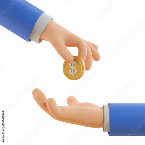Hand giving a gold coin with a dollar sign to another hand, both wearing blue sleeves, isolated on a white background. 3D rendering