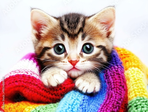 Adorable Kitten Wrapped in Colorful Knit Blanket