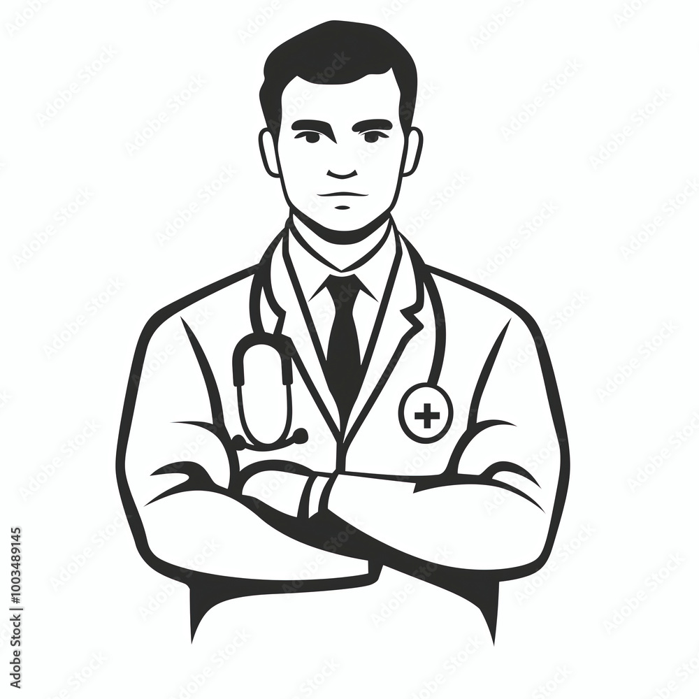 Fototapeta premium Male doctor with crossed arms vector illustration, professional health care clip art design element symbol icon