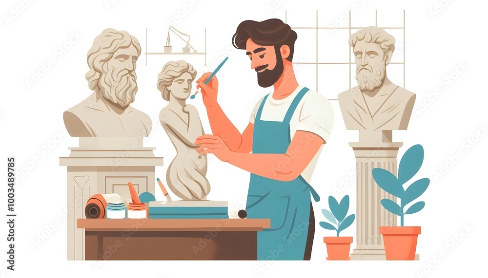 Vector art illustration of a man in his workshop making a sculpture