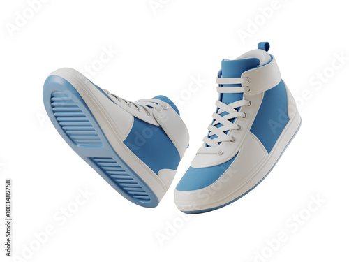 Canvastavla Blue and white high-top sneakers with laces, isolated on a white background