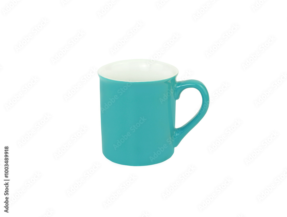 Side view, empty blue mug isolated on white background. Blank blue ceramic cup mockup and template for design, and banner. Use for home or restaurant. Side view, empty blue mug isolated on white background. Blank blue ceramic cup mockup and template for design, and banner. Use for home or restaurant.