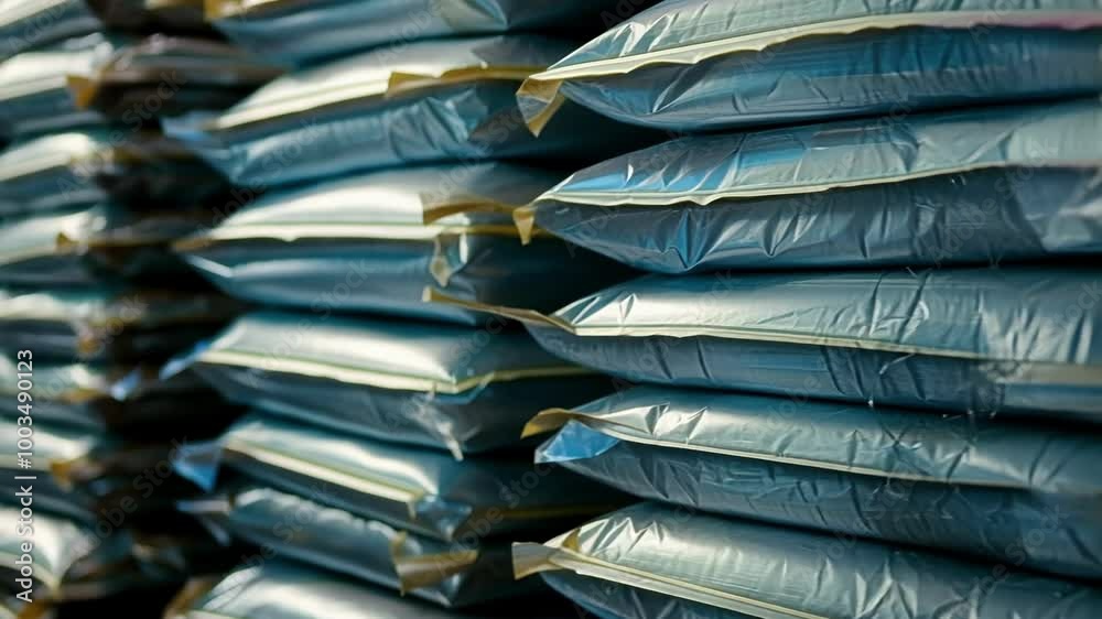 Neatly stacked industrial bags in a bustling factory warehouse, vibrant blue color adds a pop. Showcasing meticulous organization and attention to detail in manufacturing