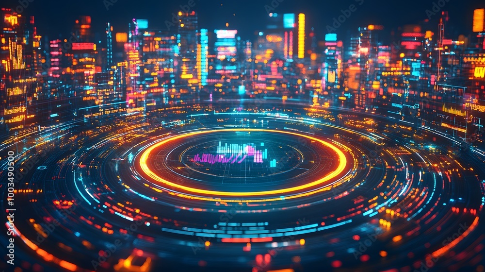 Obraz premium Futuristic Cityscape with Neon Lights and Data Visualization
