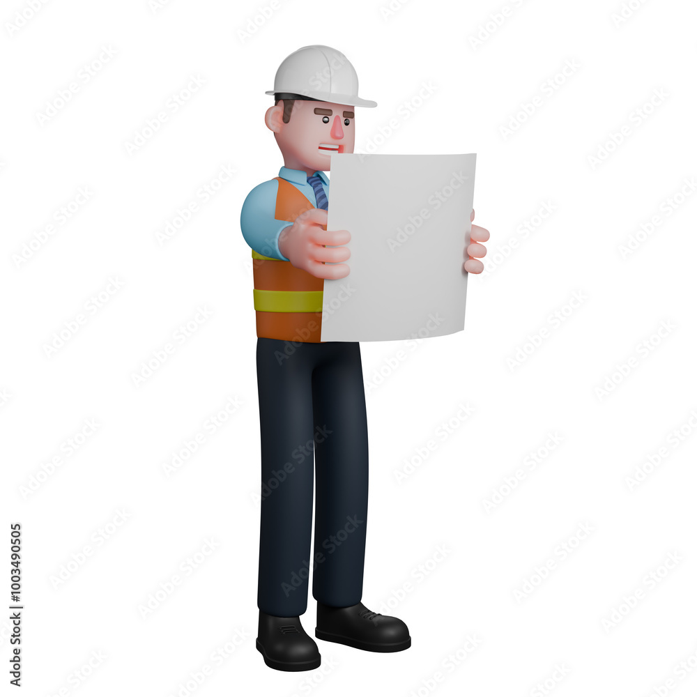 Male Architect in Project Setting. An Architect stands holding a sketch paper with both hands. 3D Character Male Architect in Project Setting. An Architect stands holding a sketch paper with both hands. 3D Character