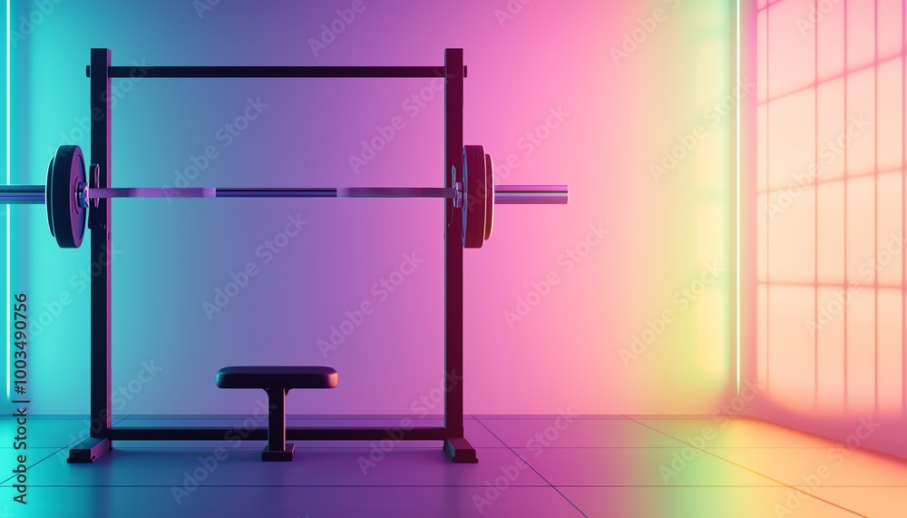A colorful gym scene featuring a barbell and weight bench, perfect for fitness enthusiasts and gym promotions. A colorful gym scene featuring a barbell and weight bench, perfect for fitness enthusiasts and gym promotions.