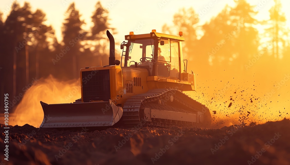 Bulldozer working on a construction site during sunset, creating dust and demonstrating the power of heavy machinery. Bulldozer working on a construction site during sunset, creating dust and demonstrating the power of heavy machinery.