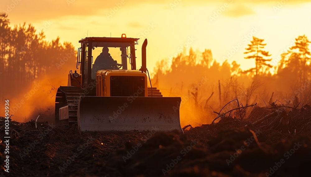 Bulldozer operating at sunset, creating dust clouds, showcasing heavy machinery in action. Bulldozer operating at sunset, creating dust clouds, showcasing heavy machinery in action.