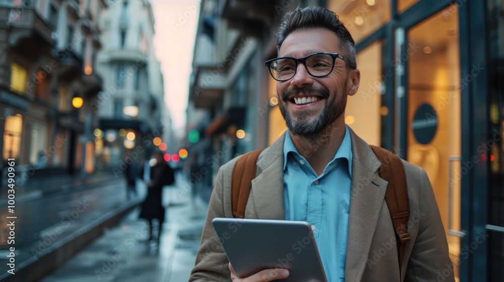 Fototapeta premium Happy businessman using tablet on the way to the office AI generated image