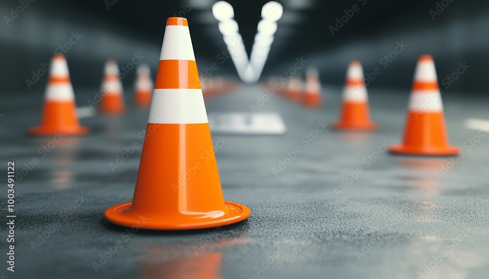 Orange traffic cones on a reflective surface in a modern, urban space, creating a sense of depth and perspective. Orange traffic cones on a reflective surface in a modern, urban space, creating a sense of depth and perspective.