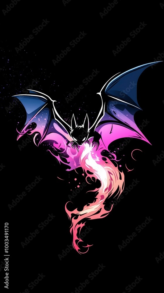 Obraz premium Fiery Bat Illustration with Purple and Pink Flames