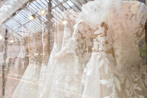 Close-up of lace, sheer fabric and silk chiffon wedding dresses on display at an upscale luxury bridal boutique inside The Strand Arcade — George St, Sydney; NSW, Australia
