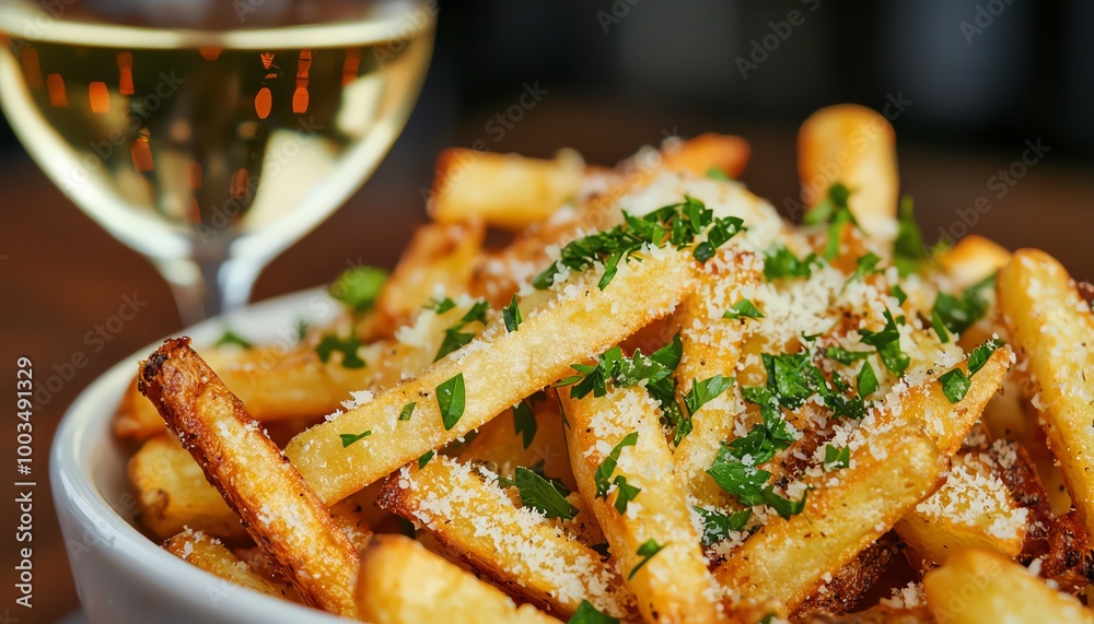 Delicious golden fries topped with herbs and cheese, served with a glass of white wine, on a wooden table. Delicious golden fries topped with herbs and cheese, served with a glass of white wine, on a wooden table.
