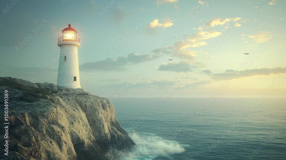 Illuminated Lighthouse on a Rocky Cliff Overlooking the Ocean