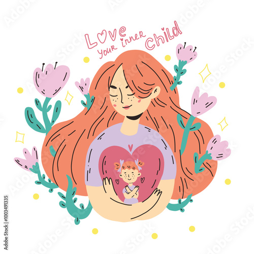 Vector illustration with a caring inner child with a woman embracing a heart, symbolizing love and positive mental health. Includes flowers and stars conveying therapy and support.