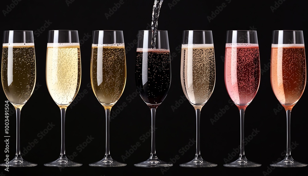 Seven champagne flutes filled with various sparkling drinks on a black background. Seven champagne flutes filled with various sparkling drinks on a black background.