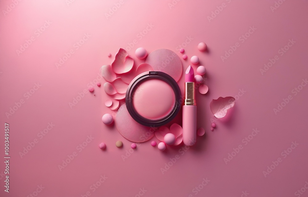 Pink blush compact and lipstick with petal and sphere shapes on a pink background Pink blush compact and lipstick with petal and sphere shapes on a pink background