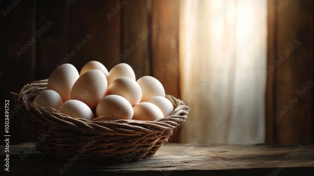 basket of eggs in rustic setting, natural