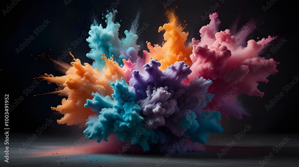 As if frozen in time, a mesmerizing explosion of pastel-colored powder fills the frame, each particle suspended in mid-air through the use of a super long exposure and slow shutter photography techniq As if frozen in time, a mesmerizing explosion of pastel-colored powder fills the frame, each particle suspended in mid-air through the use of a super long exposure and slow shutter photography techniq