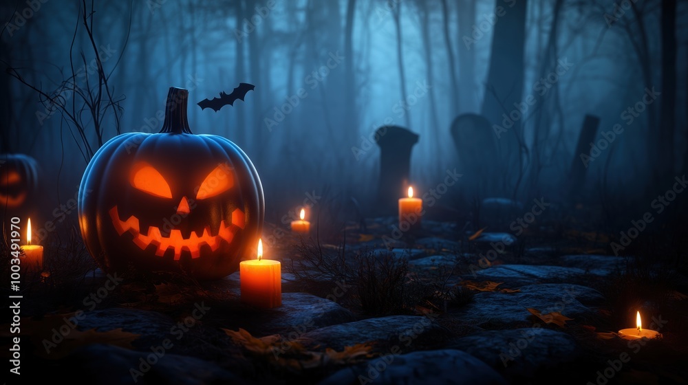 Naklejka premium Spooky Halloween scene featuring glowing pumpkins and burning candles in front of an old wooden grave on a foggy night. The eerie atmosphere is enhanced with lens flare effects and highly detailed, ul