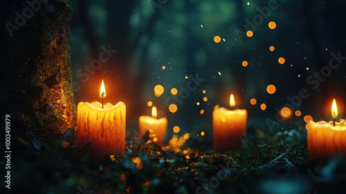 Glowing Candles in a Mystical Forest Setting