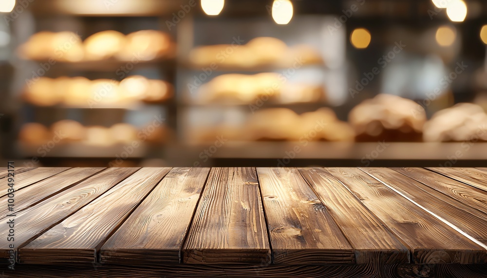 Wooden table surface in a bakery setting, blurred background with baked goods, ideal for culinary displays or restaurant themes. Wooden table surface in a bakery setting, blurred background with baked goods, ideal for culinary displays or restaurant themes.