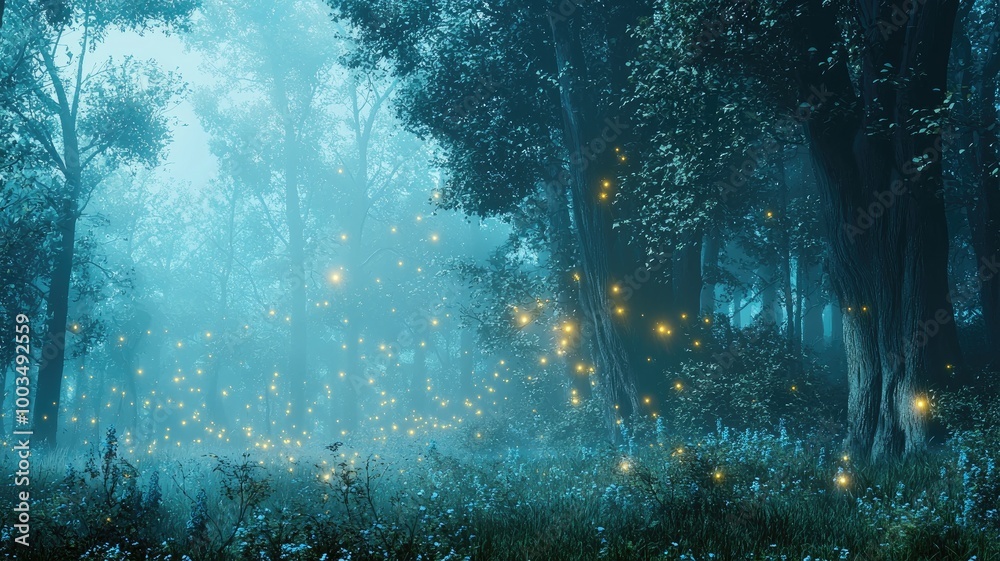 Obraz premium Mystical Forest at Night with Glowing Fireflies
