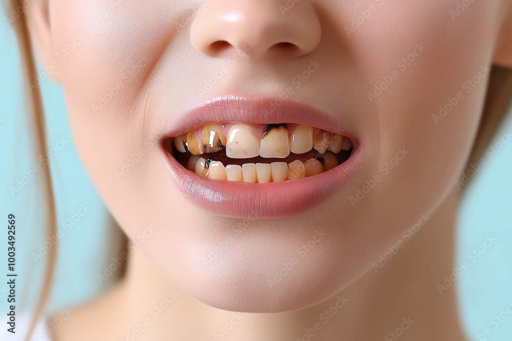 Close-Up of Woman's Smile with Dental Caries and Stained Teeth, beautiful woman smiling but with bad yellow teeth. Some teeth are missing or broken and some with black stains