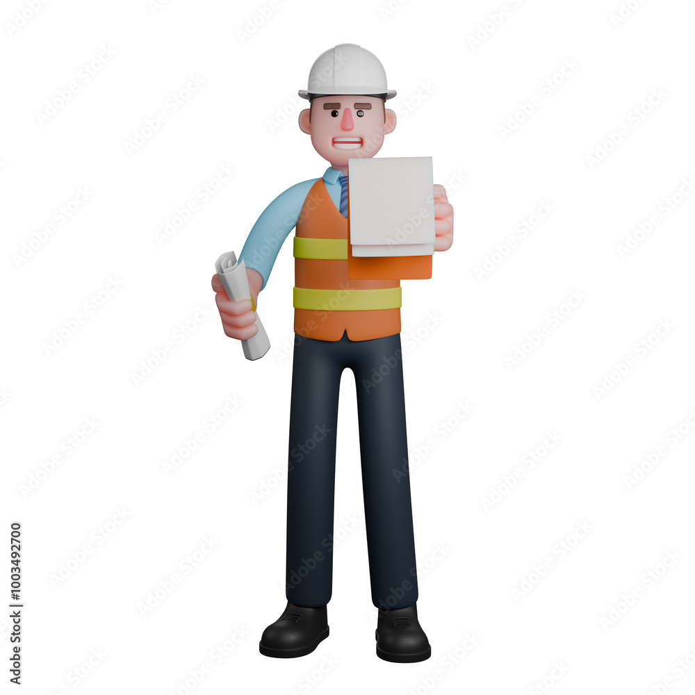 Male Architect Design Professional. An Architect stands with his right hand holding a roll of sketch drawings while his left hand holds a clipboard. 3D Cartoon Male Architect Design Professional. An Architect stands with his right hand holding a roll of sketch drawings while his left hand holds a clipboard. 3D Cartoon